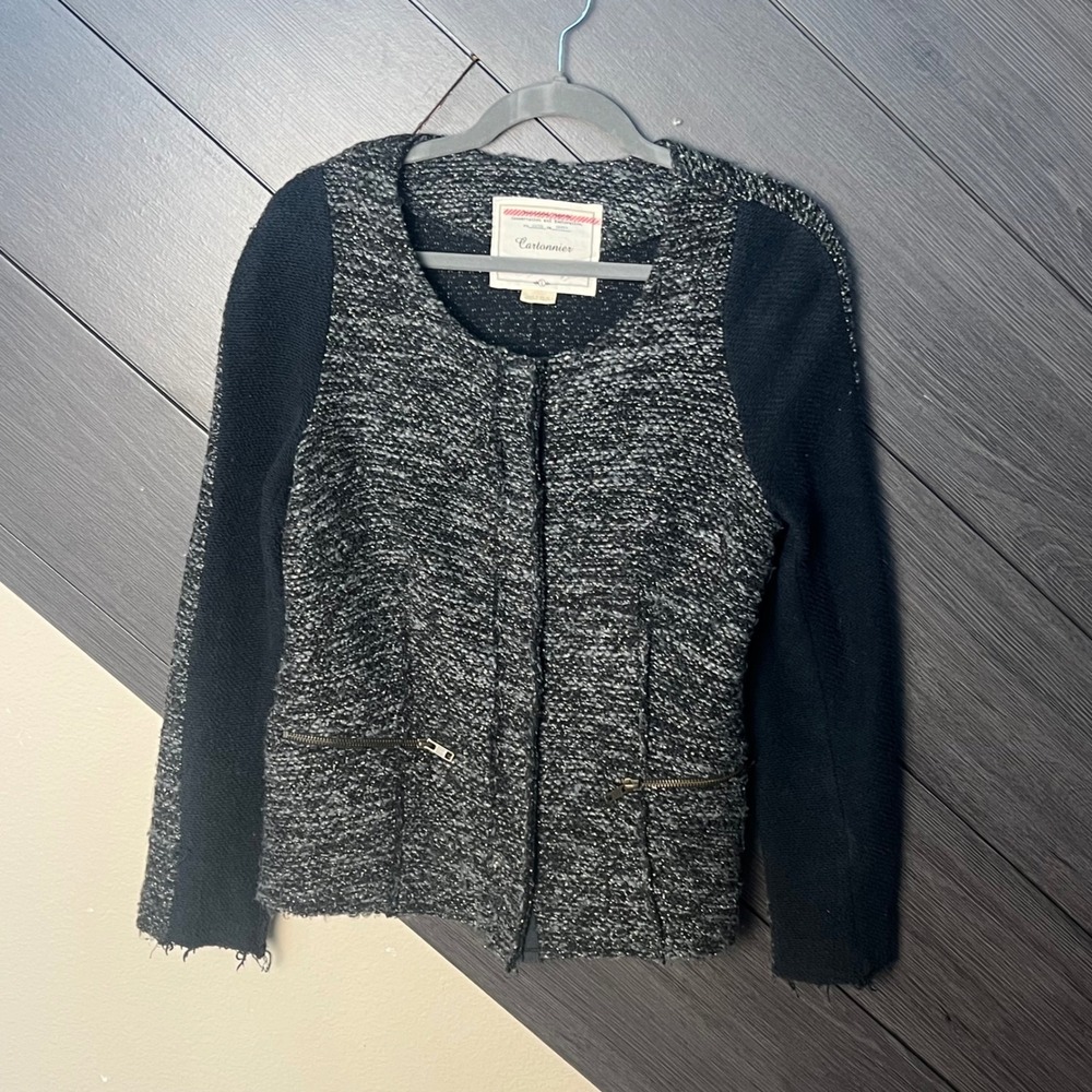 Cartonnier Women Tweed Jacket Snap Front Zip Pocket Black Gold Size L Anthro